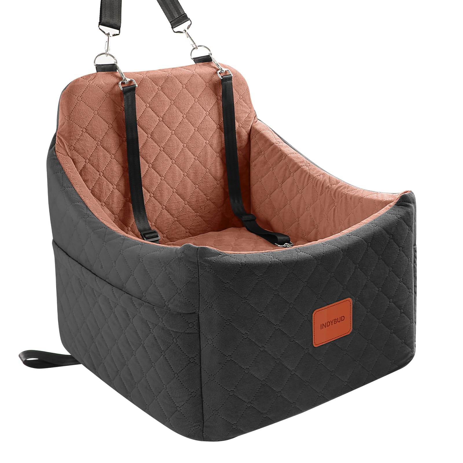 INDYBUD dog car seat front view shows elevated comfort for safer rides