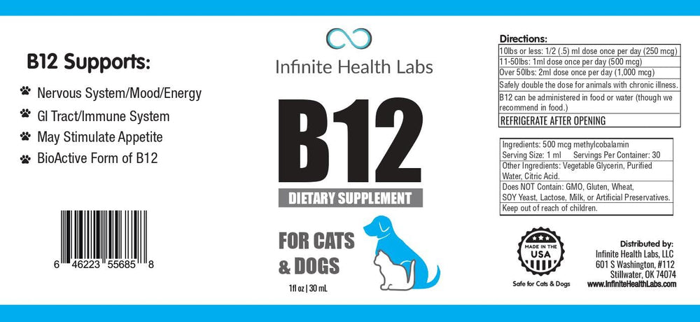 Infinite Health Labs Liquid B12 promotes a happier pet with steady use.