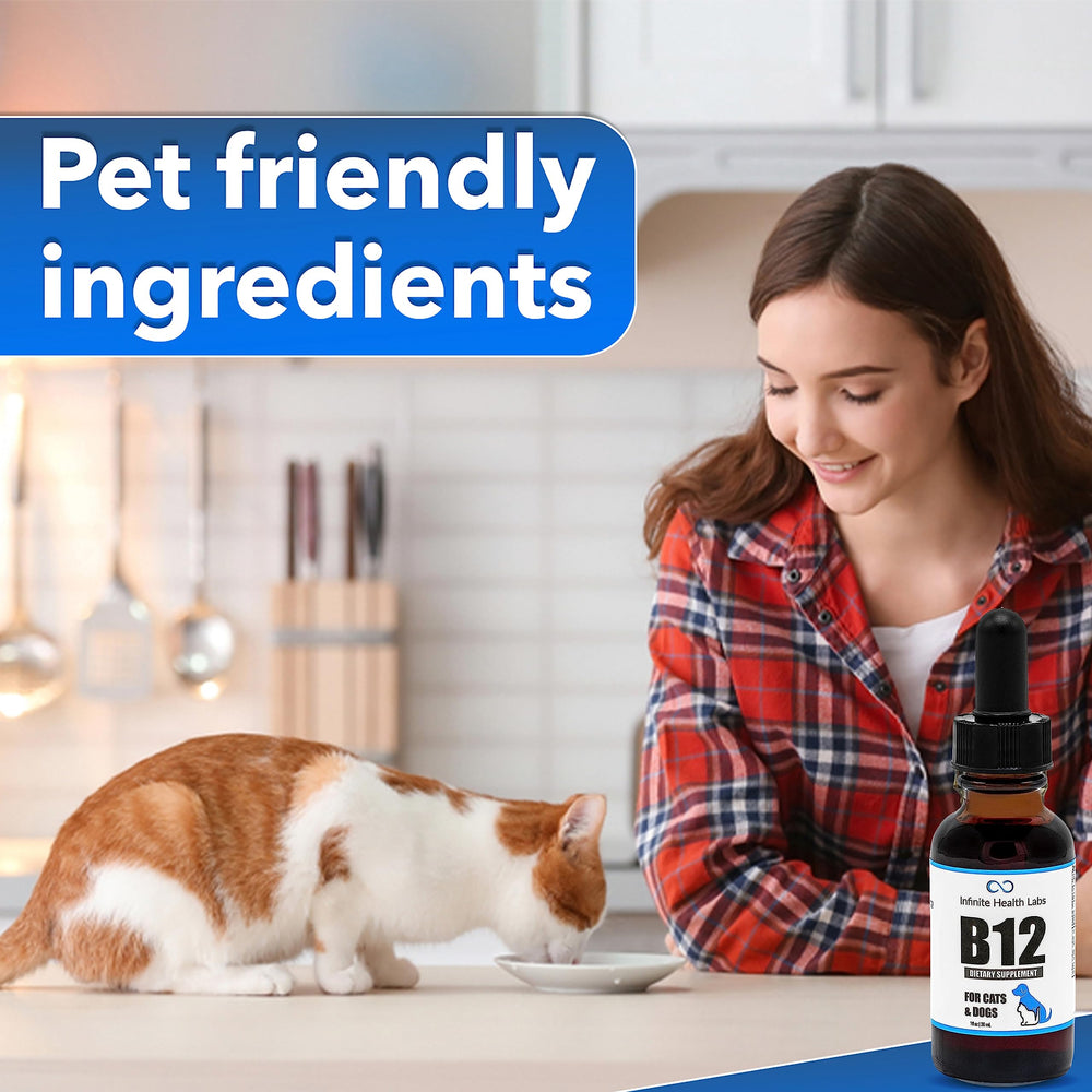 Infinite Health Labs Liquid B12 bioactive form aids absorption in pets.