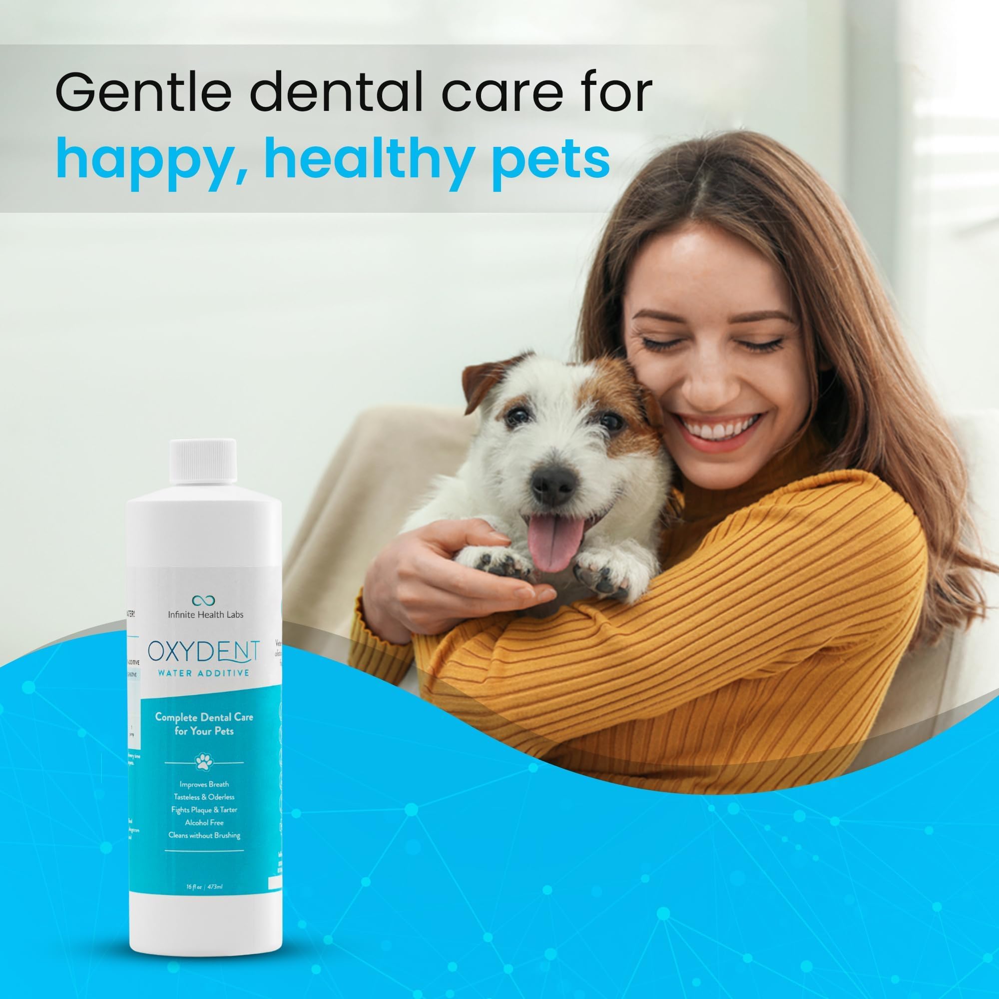 Oxydent capful being added to a pet water bowl for daily use