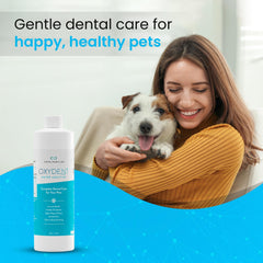 Oxydent capful being added to a pet water bowl for daily use