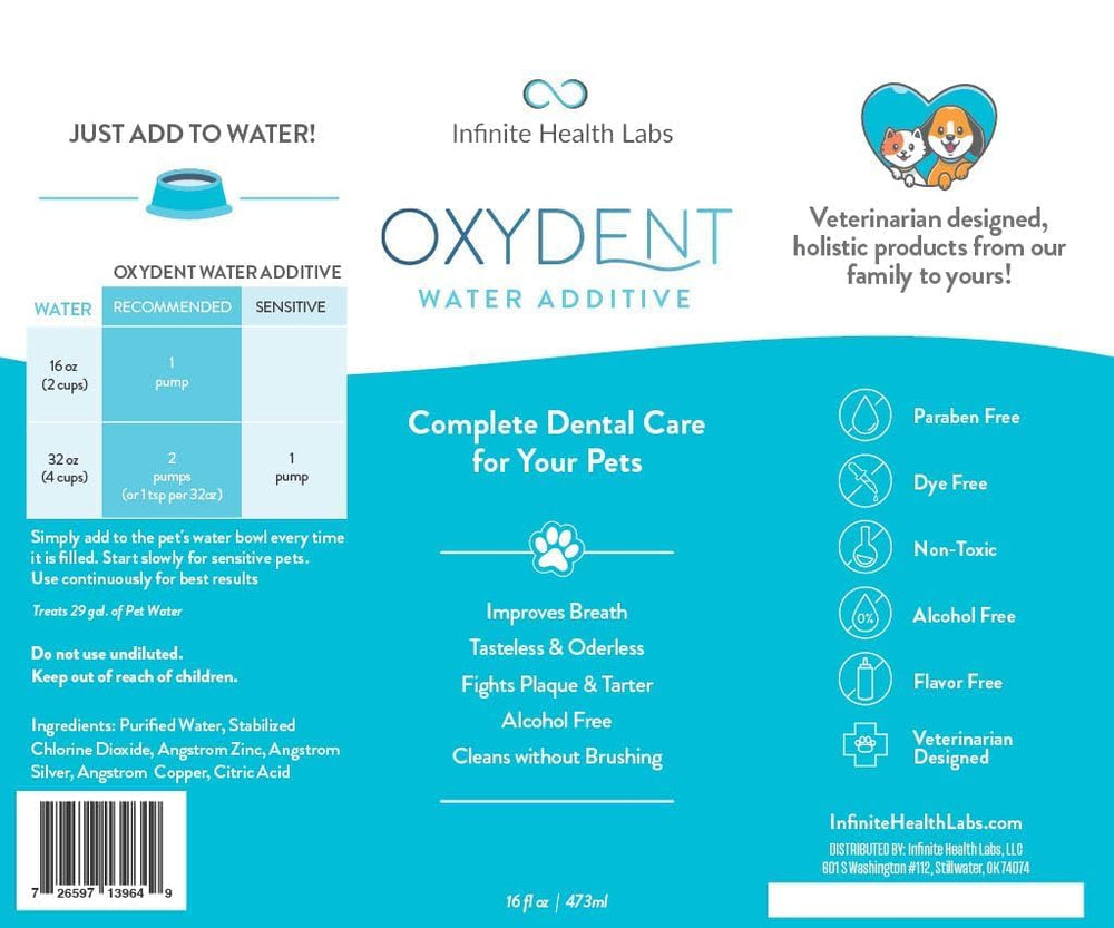 Oxydent bottle showing odorless and tasteless formula