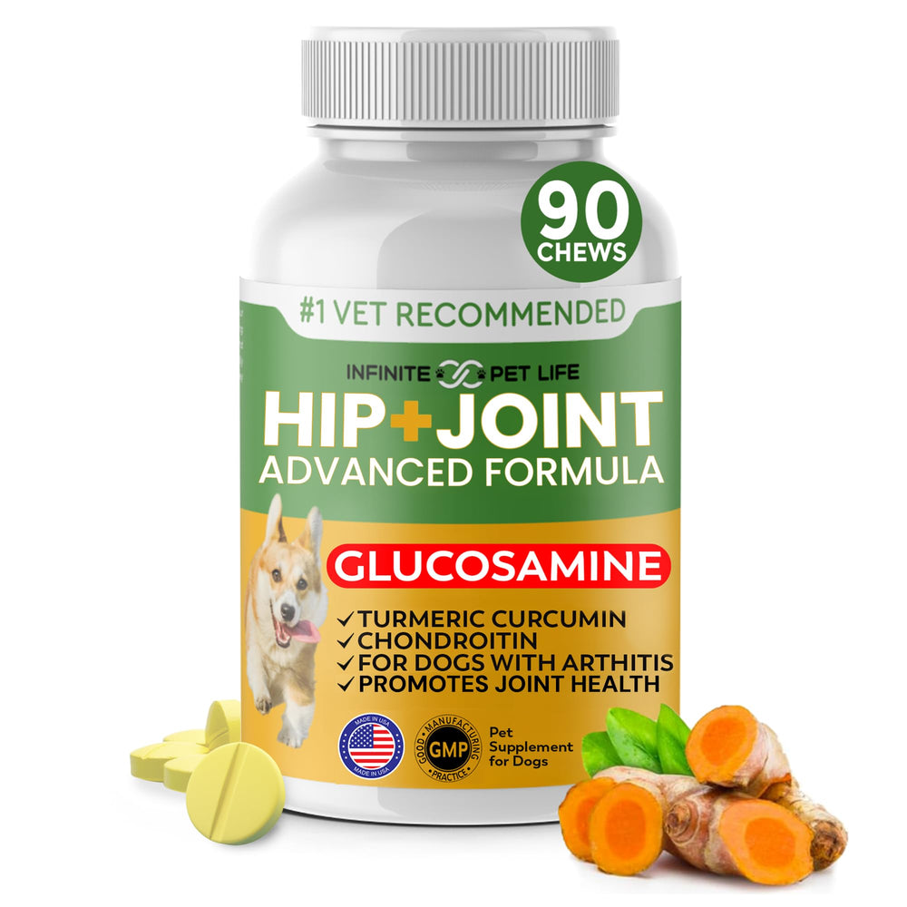 Infinite Pet Supplements Advanced Hip Joint Chews bottle supports mobility for dogs.