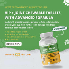 Infinite Pet Supplements calming chews illustrate anxiety relief during walks.