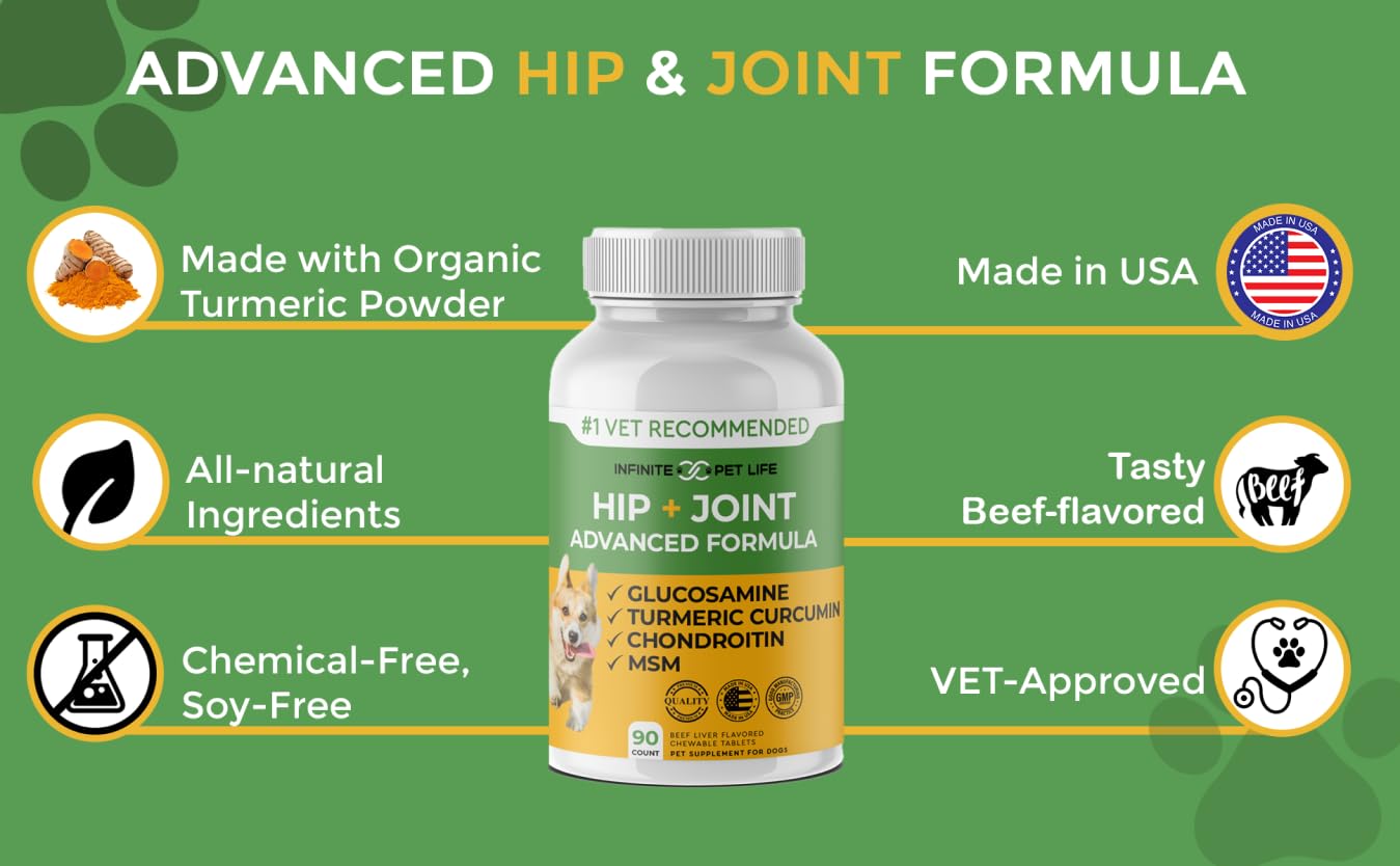 Infinite Pet Supplements glucosamine-chondroitin-msm-turmeric ingredients display natural joint support.