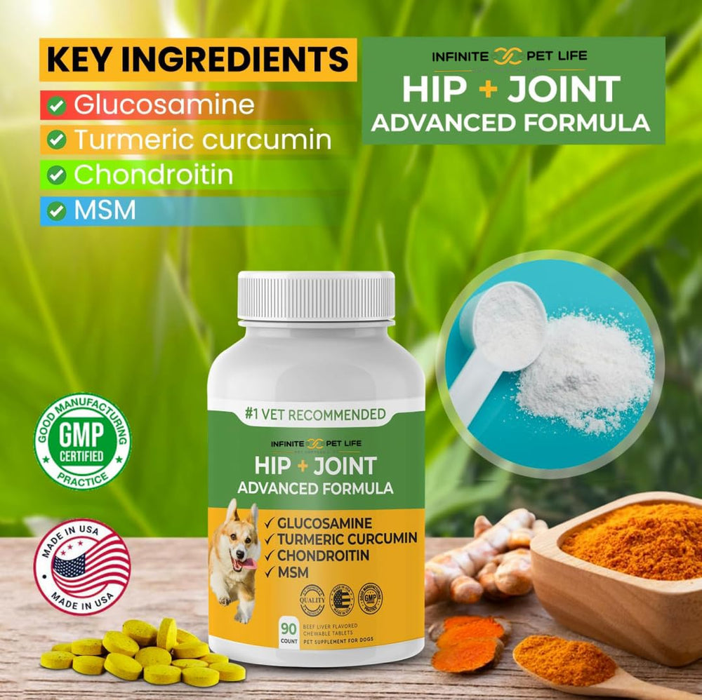 Infinite Pet Supplements senior dog joint support packaging emphasizes age-friendly formula.
