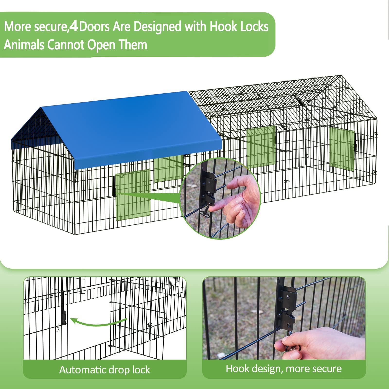 INJOPEXI metal chicken coop cover extended view shows UV-protected waterproof top for all weather.