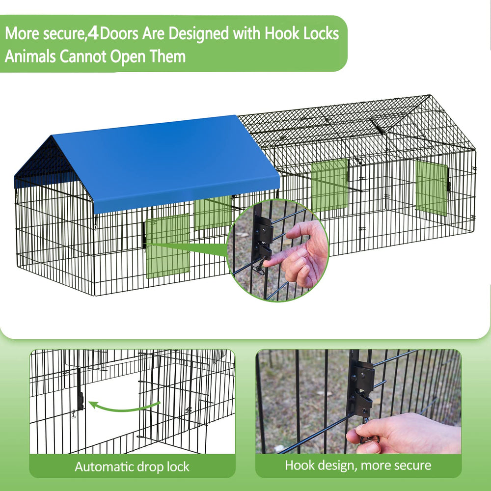 INJOPEXI metal chicken coop cover extended view shows UV-protected waterproof top for all weather.