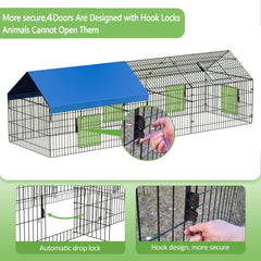 INJOPEXI metal chicken coop cover extended view shows UV-protected waterproof top for all weather.