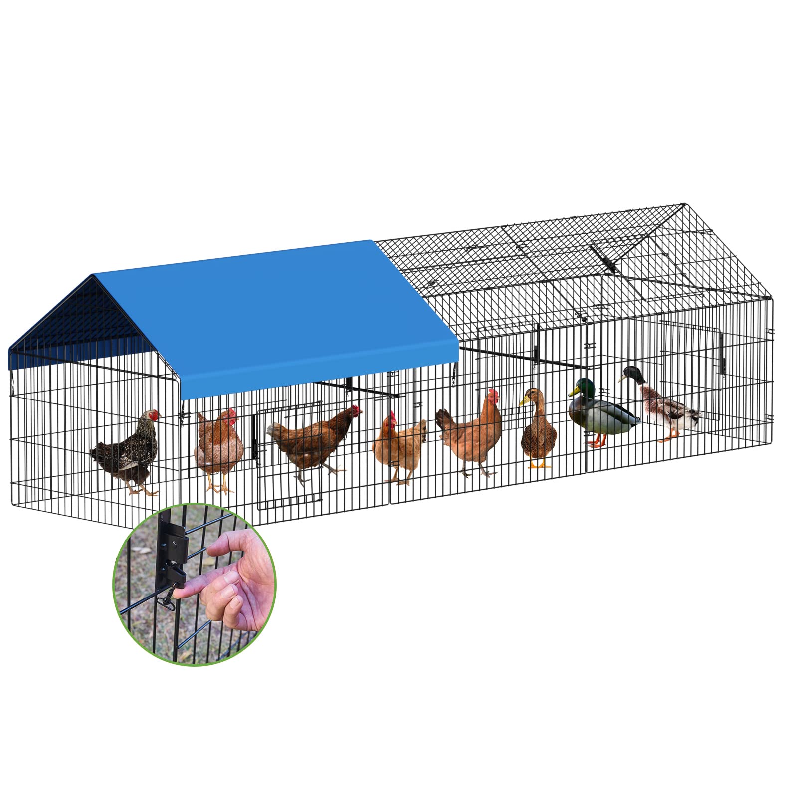 INJOPEXI metal chicken coop front view demonstrates durable weather-ready enclosure for backyard poultry.
