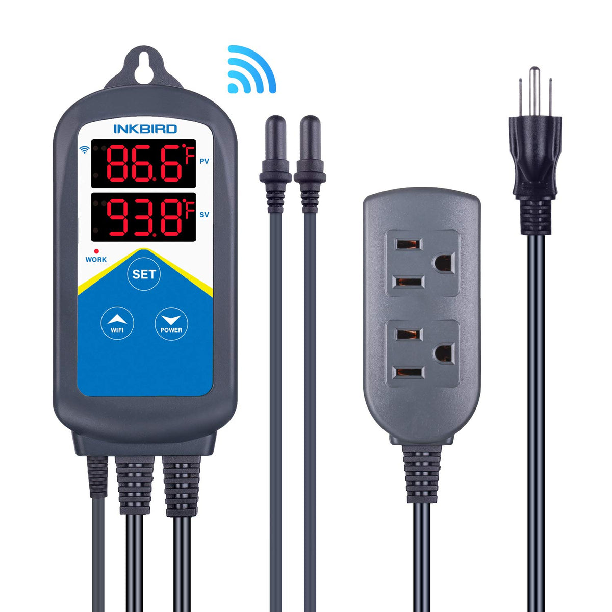 Inkbird ITC-306A controller front view with dual relays for aquarium heating control.
