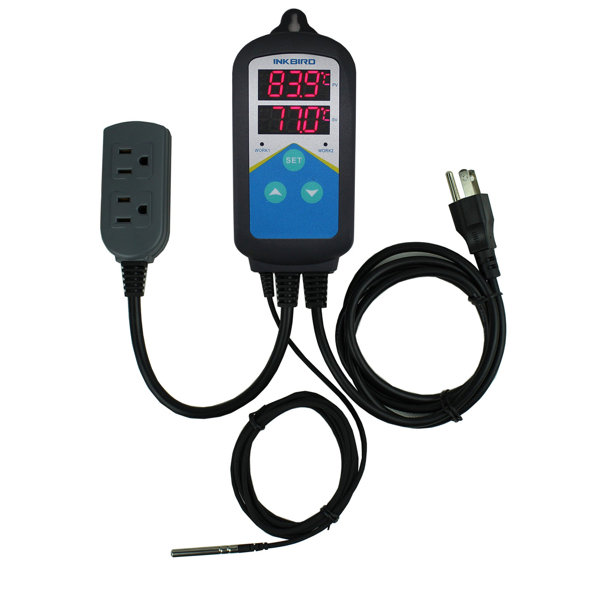 Inkbird ITC306T digital display shows current and set temperatures for precise control.