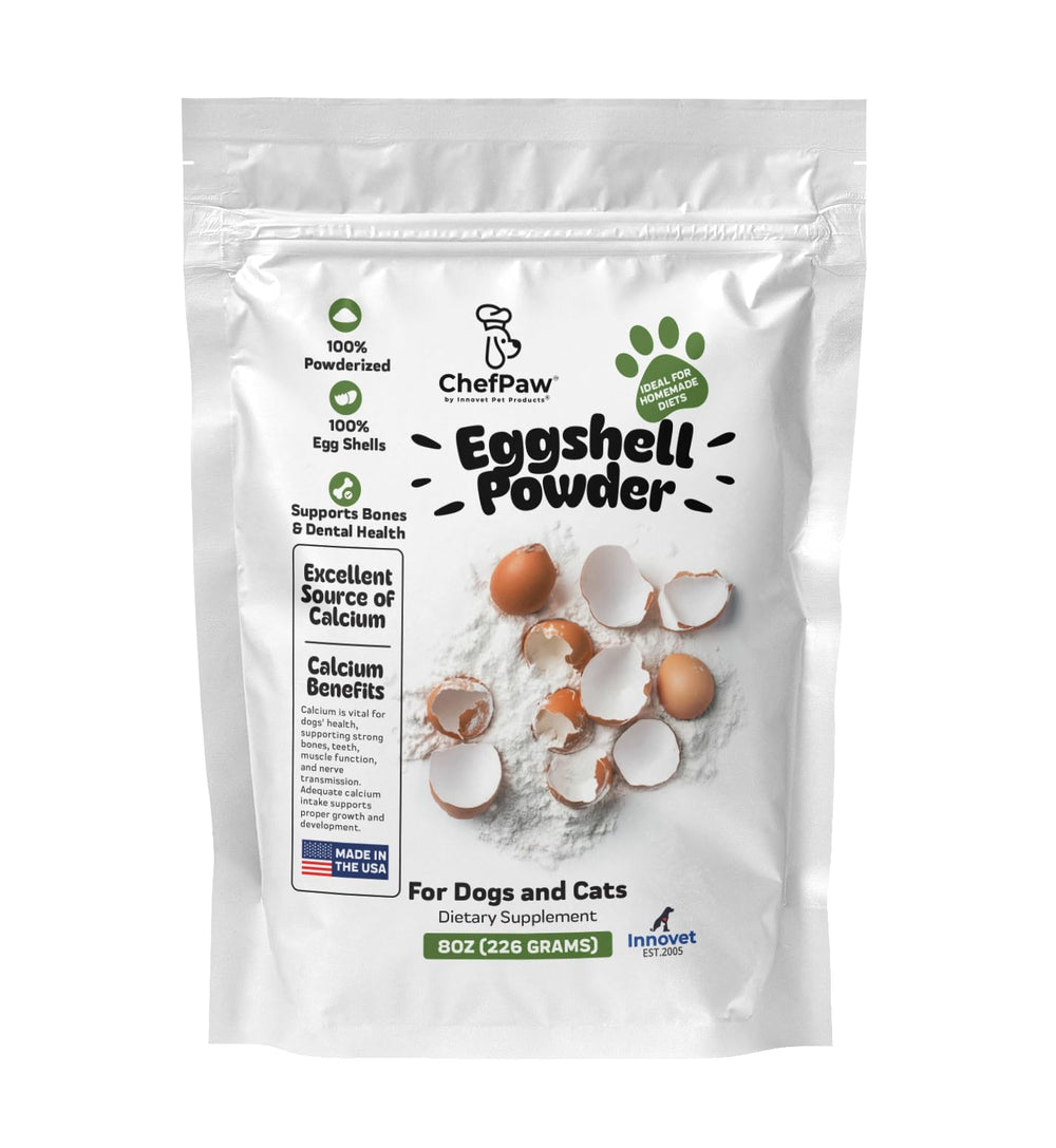 Innovet ChefPaw eggshell powder bottle closeup, natural calcium source for dogs.