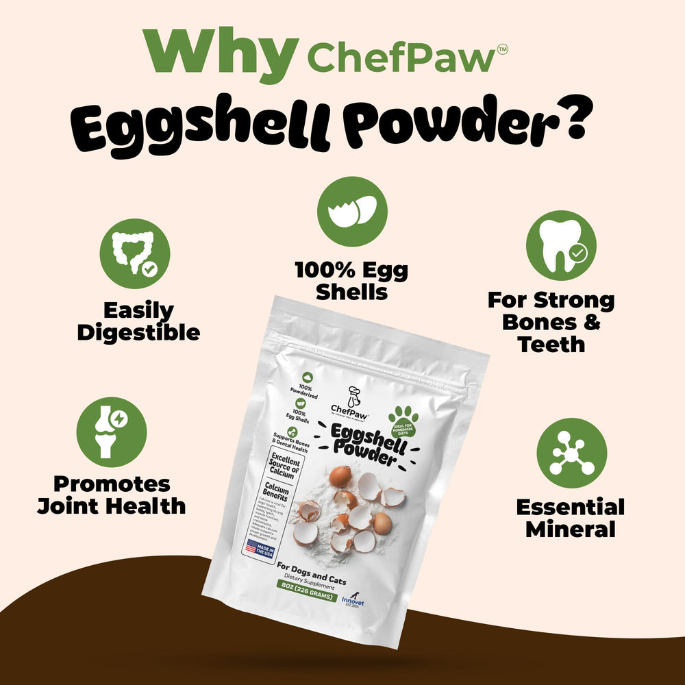 Innovet ChefPaw eggshell powder in a dog bowl, convenient calcium boost for daily feeding.