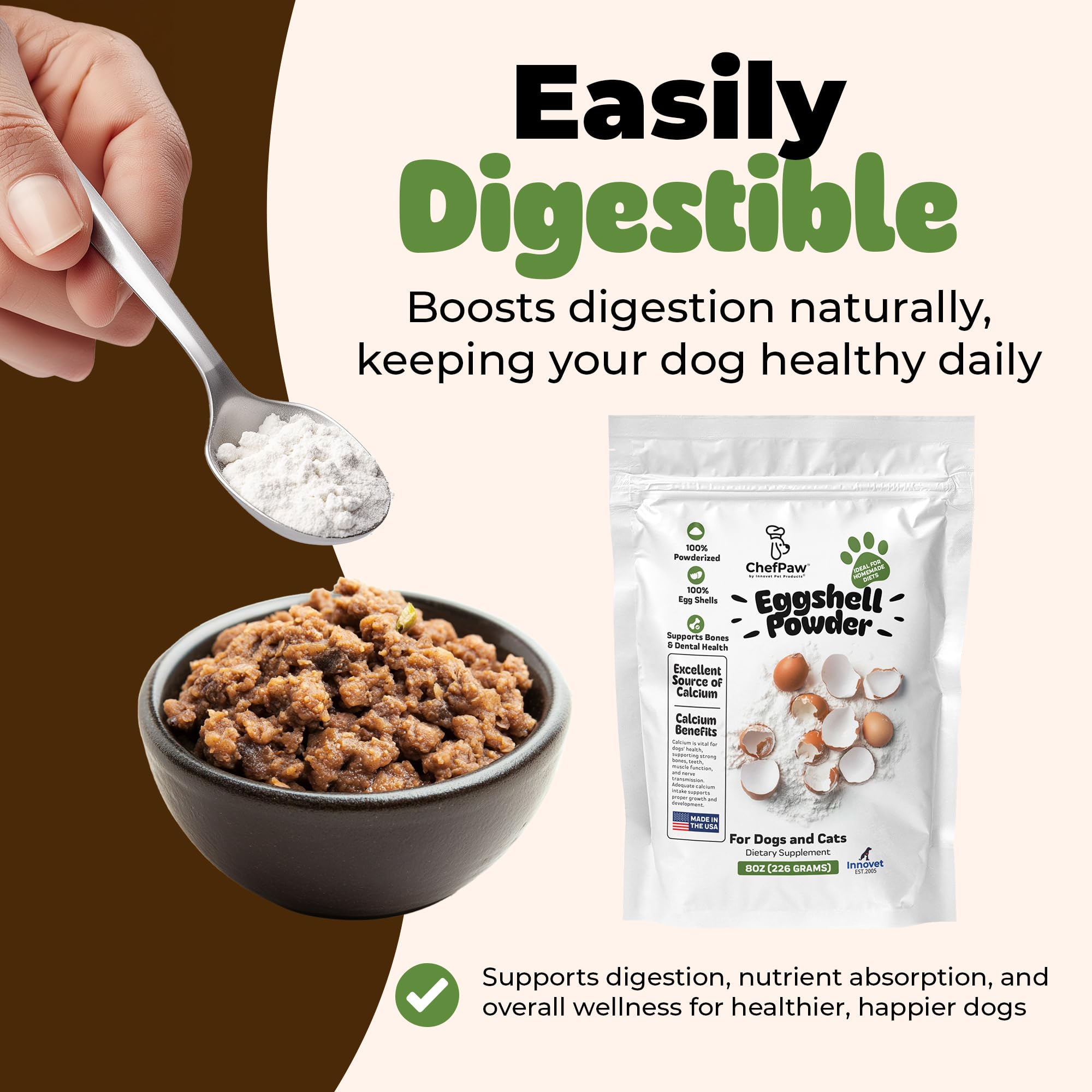 Innovet ChefPaw eggshell powder texture closeup, ultra-fine powder for easy mixing.