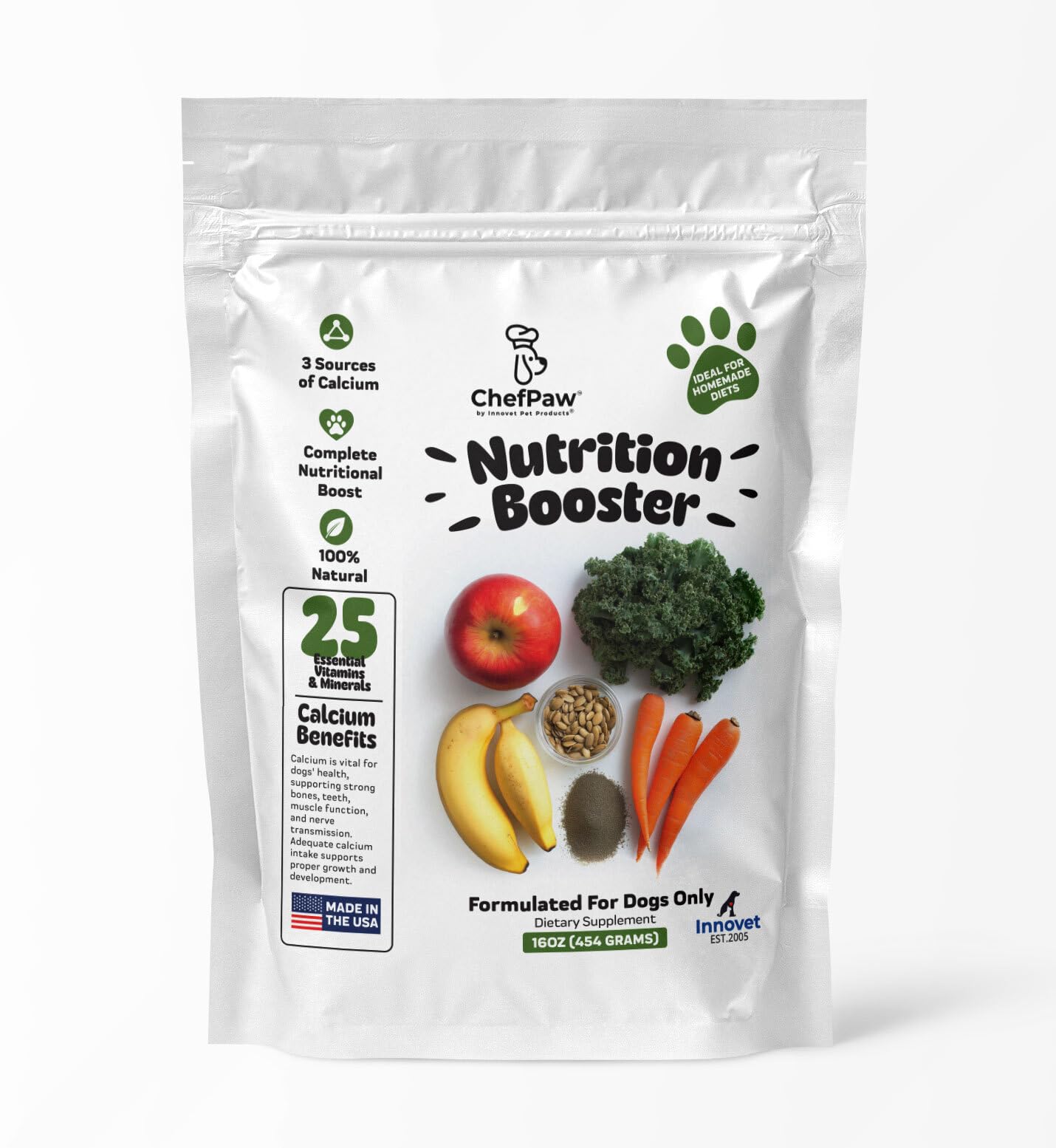 Innovet ChefPaw Nutrition Booster bottle label highlights complete dog nutrition support
