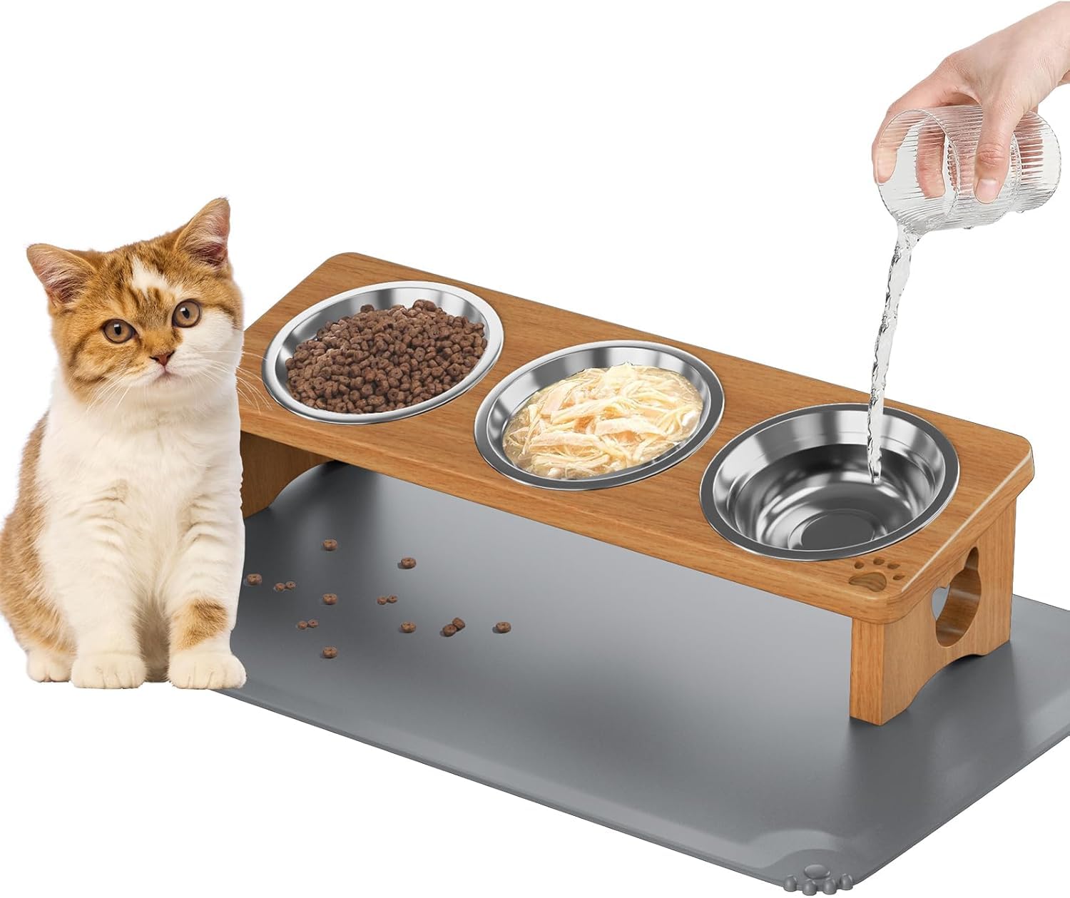 INNVVIS elevated cat bowls with three stainless steel bowls for mess-free meals.