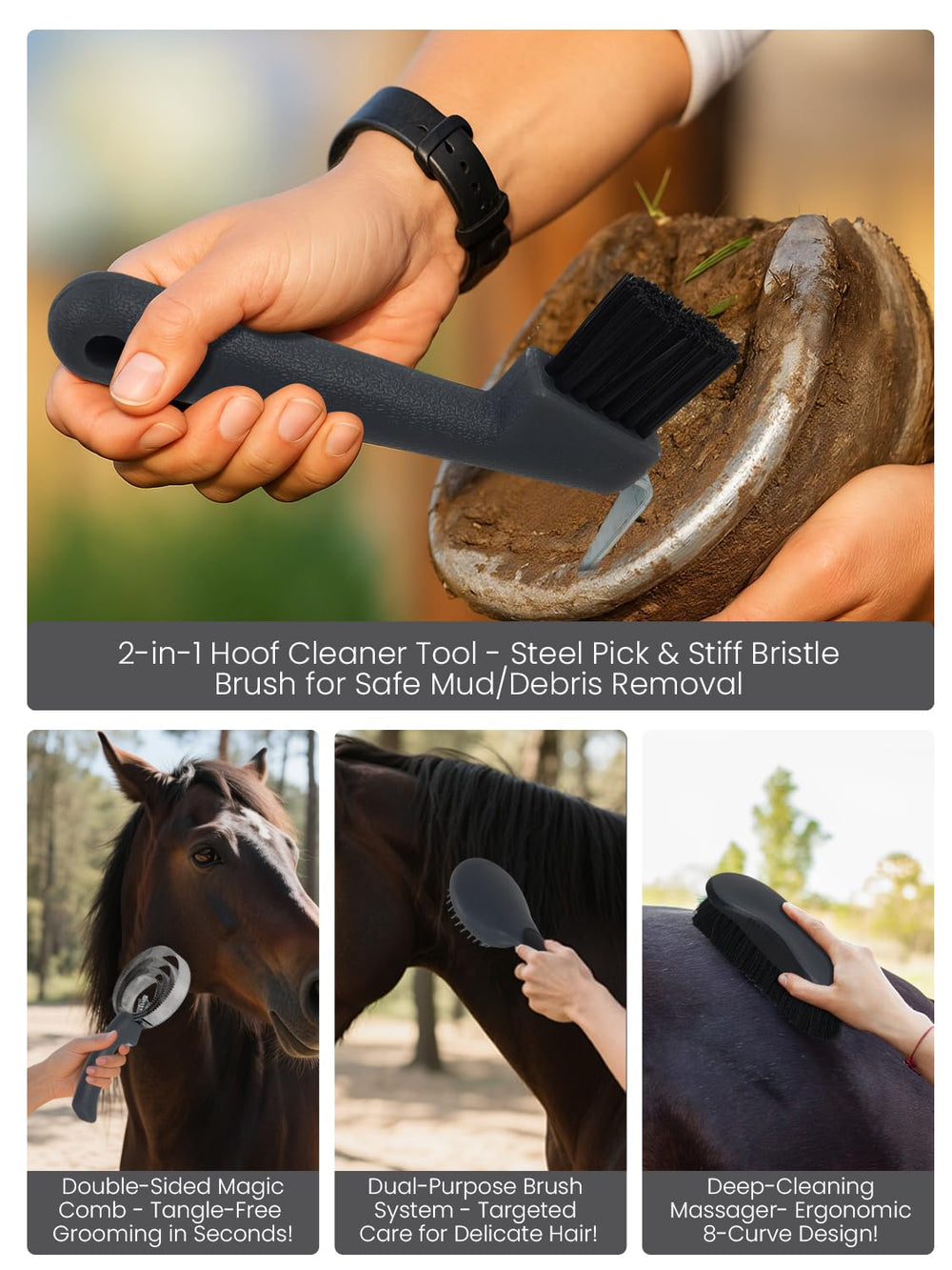 inoreal hoof pick with brush shown for hooves maintenance