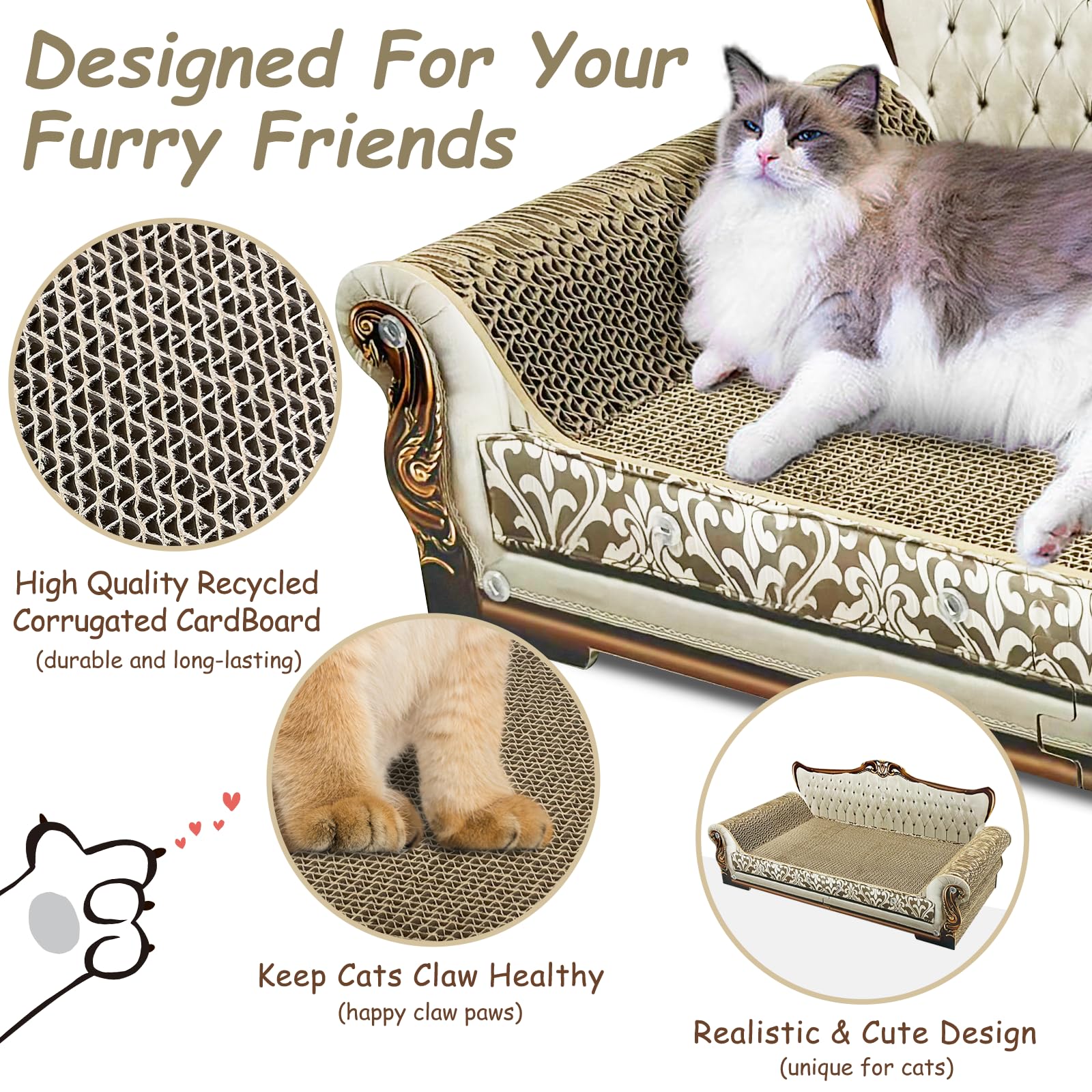 INRLKIT Cardboard Scratcher Sofa with catnip included for playful engagement.