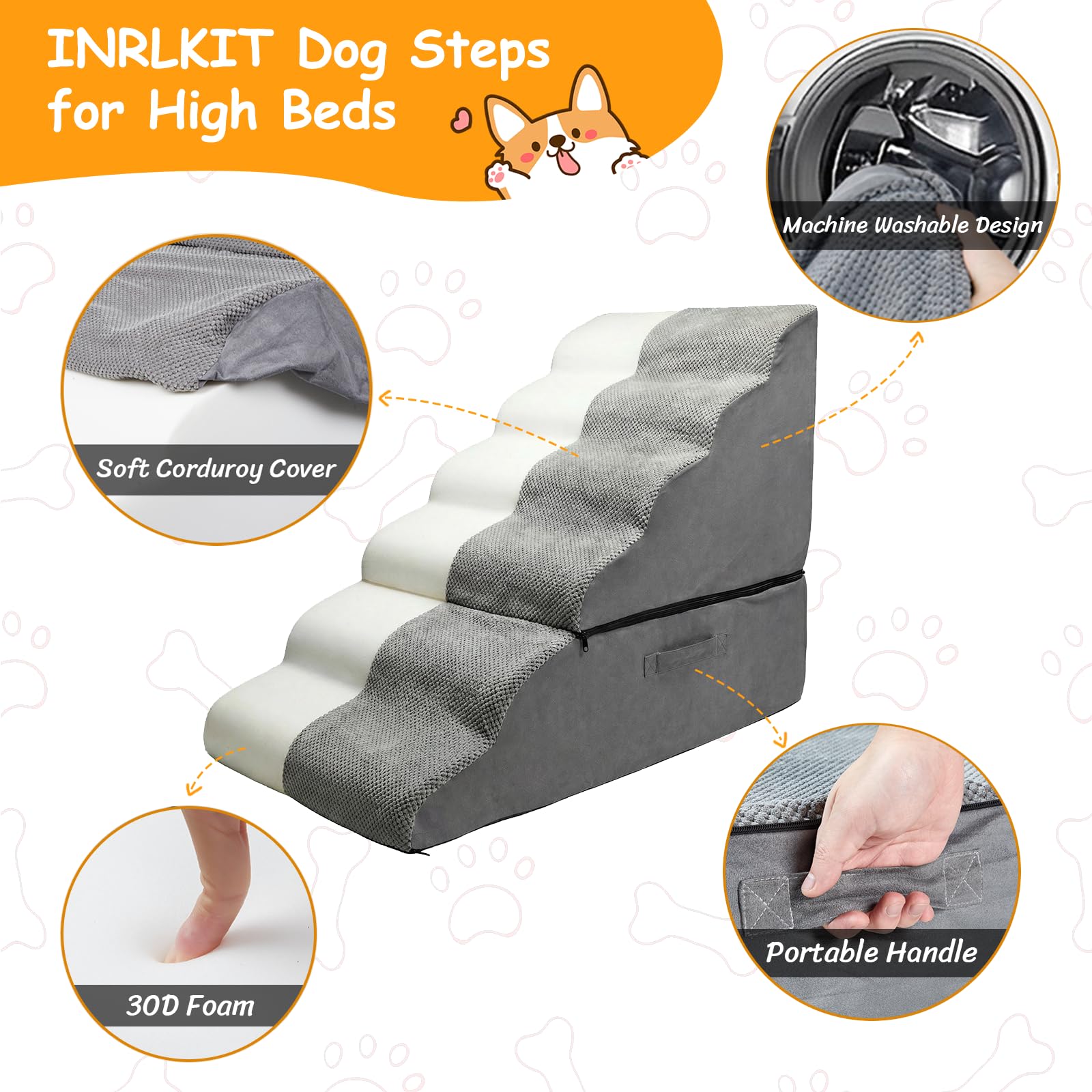 INRLKIT dog stairs easy-clean removable cover keeps grooming simple.