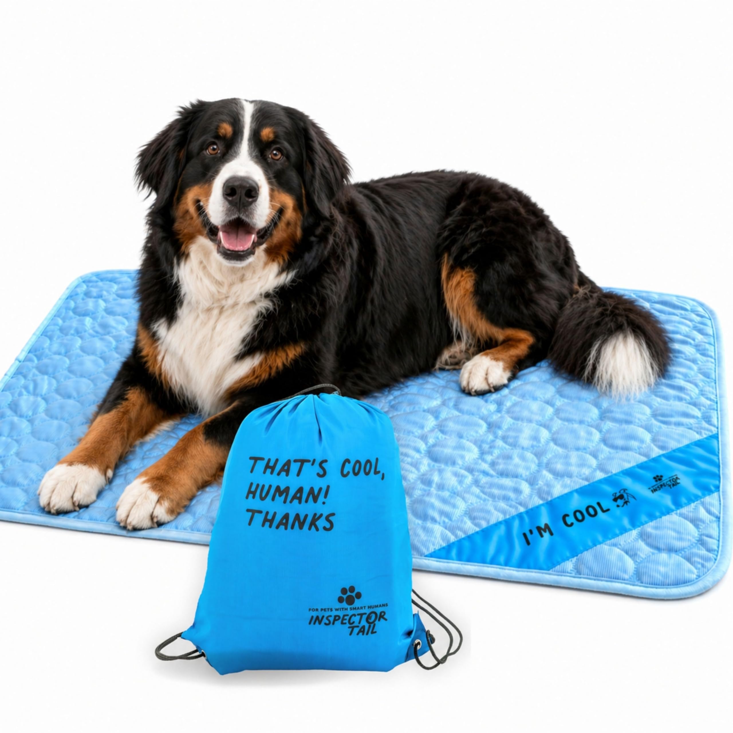 Inspectortail self-cooling dog mat blue provides gentle cooling for pets on hot days.