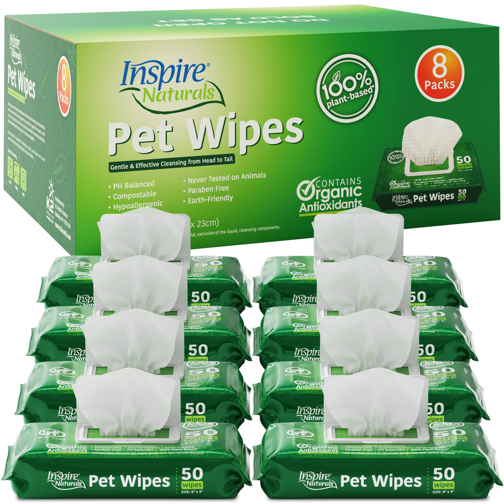 Inspire Naturals pet wipes pack open for on-the-go cleaning.