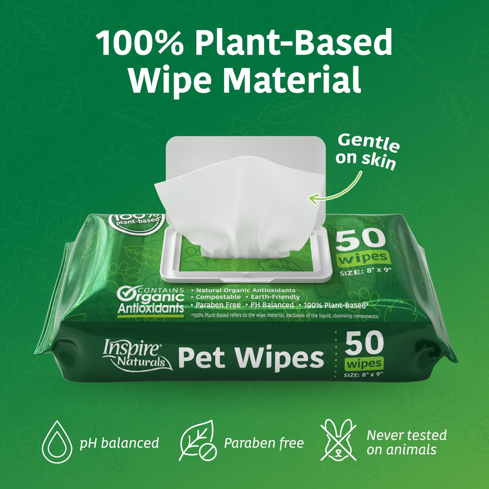 Inspire Naturals wipes used on a paw for quick cleanup.