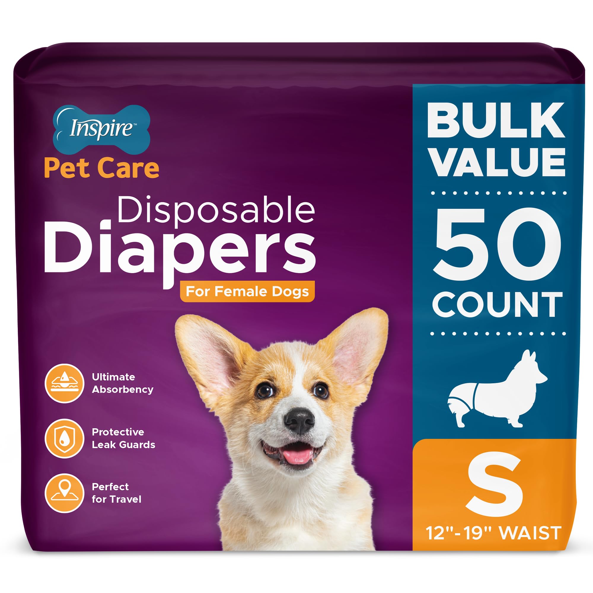 Inspire Pet Care dog diapers bulk pack front view for easy changes during travel