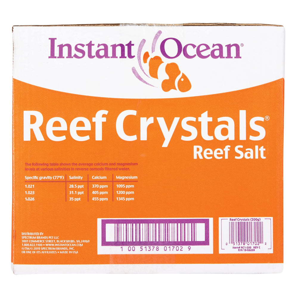 Instant Ocean Reef Crystals label highlights calcium and trace elements for corals.