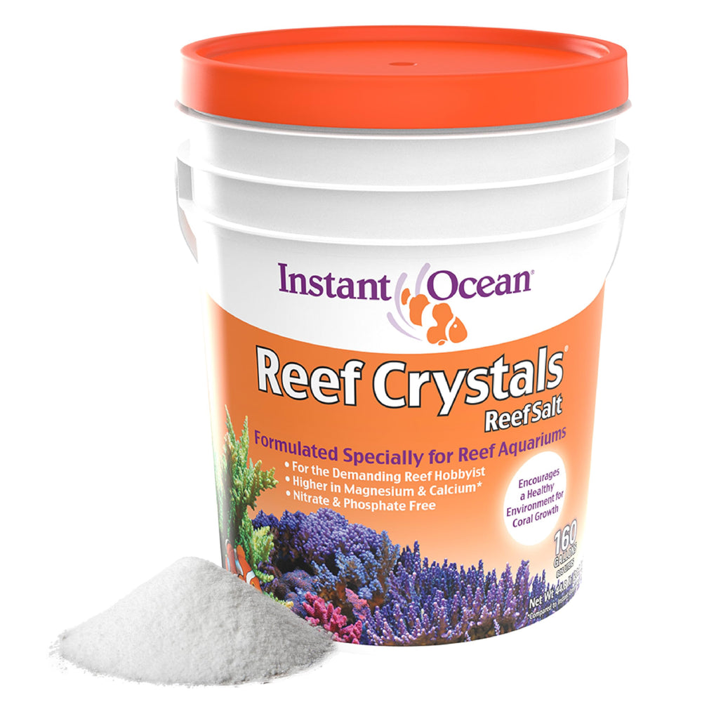 Instant Ocean Reef Crystals metal detoxifier icon contrasts clean water safety.