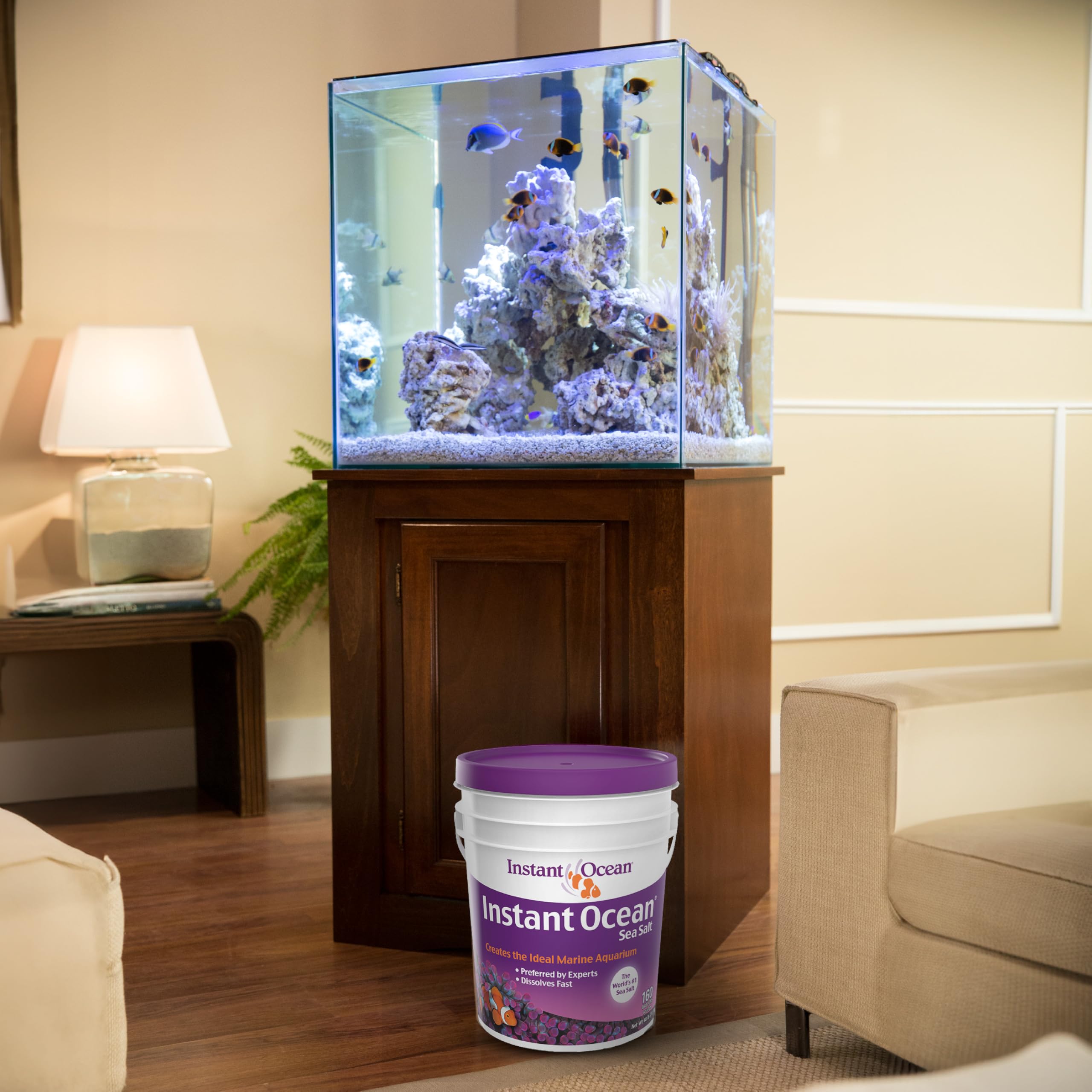 Instant Ocean reef salt in a thriving reef tank showcases healthy corals and algae.