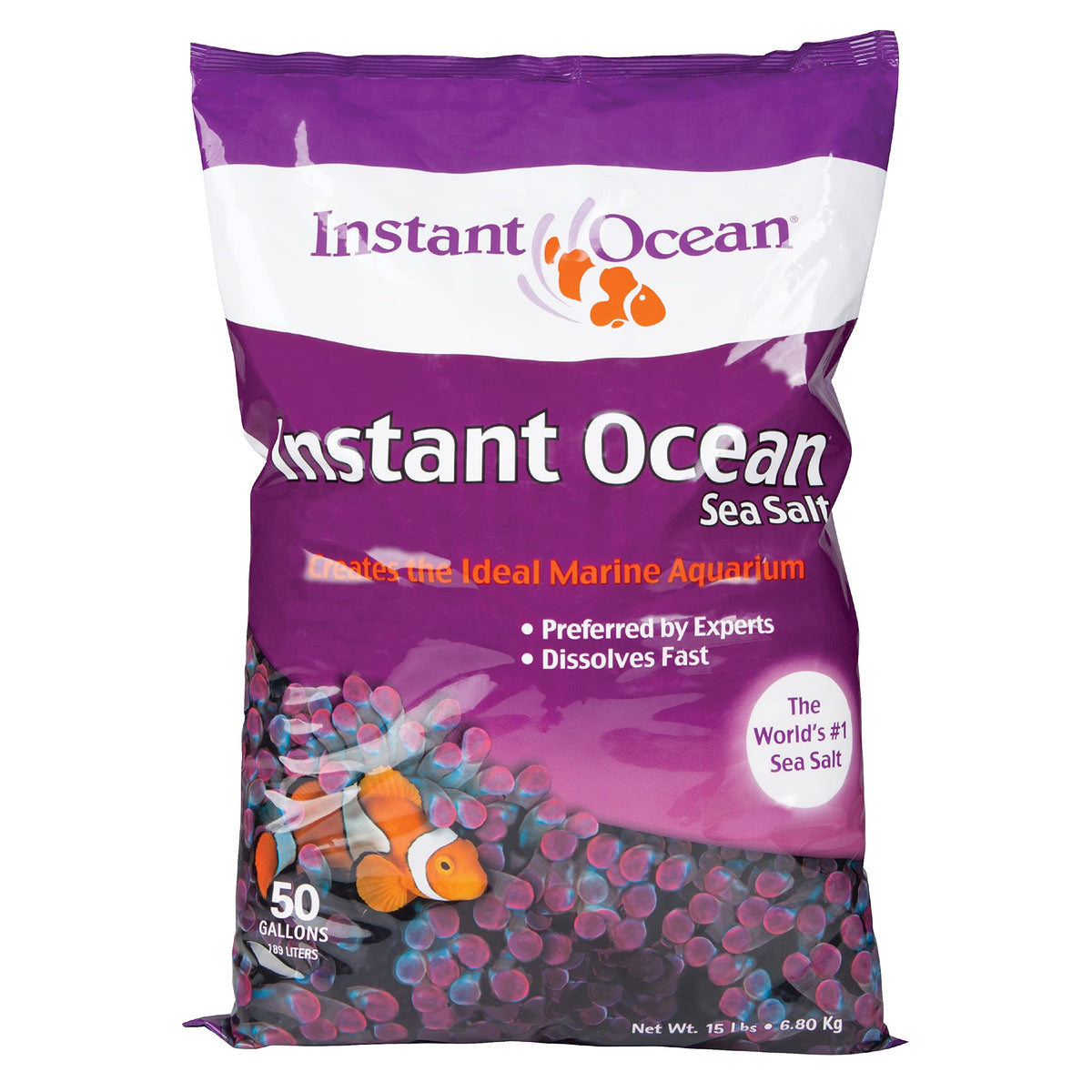 Instant Ocean Sea Salt dissolves fast in water for quick tank setups.