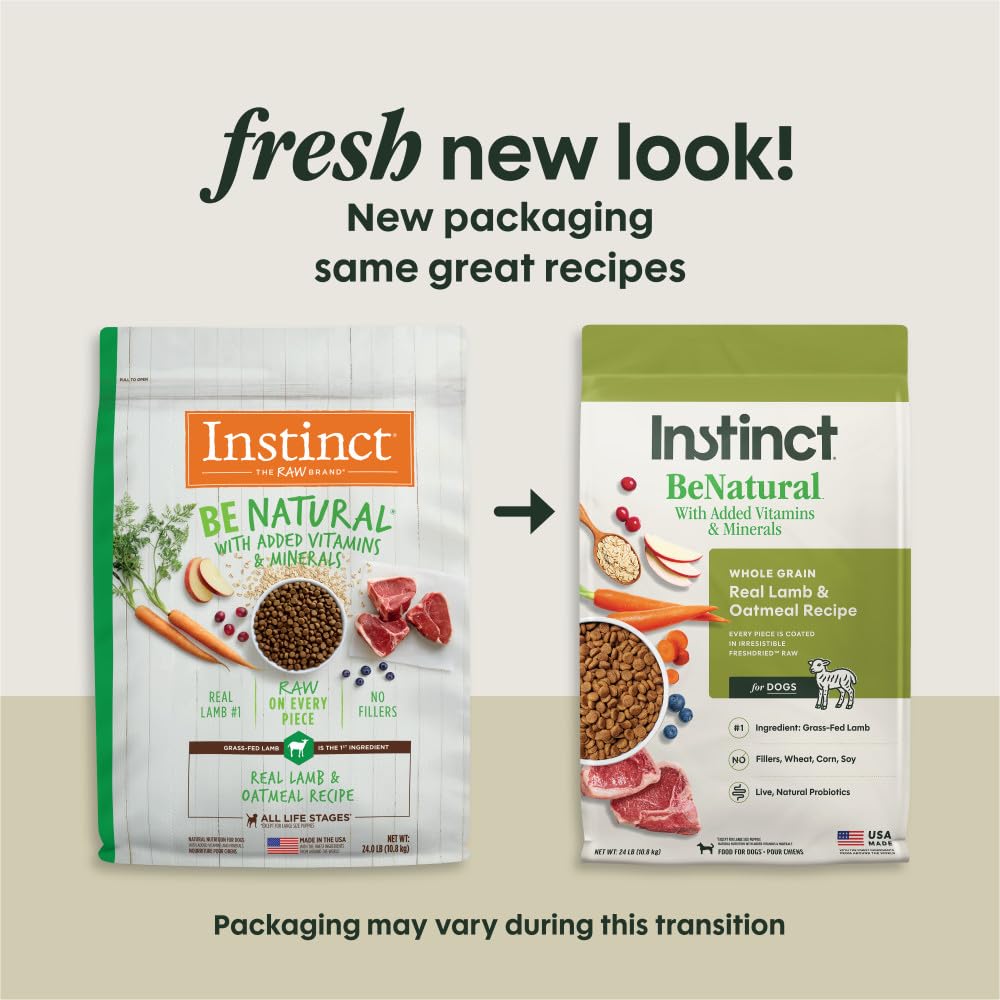 Instinct Be Natural raw-coated kibble close-up with freeze-dried lamb flavor.