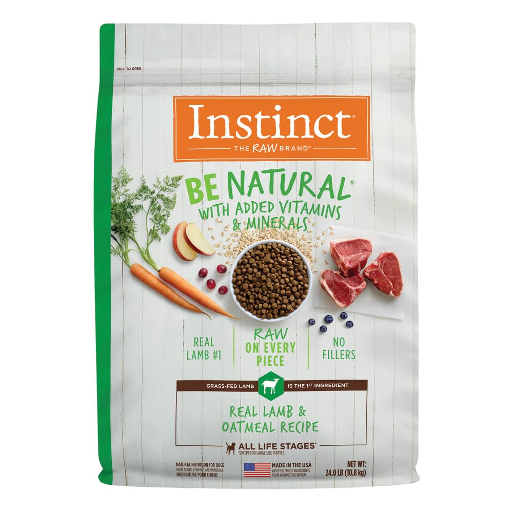Instinct Be Natural lamb and oatmeal kibble bag showing real meat as the first ingredient.