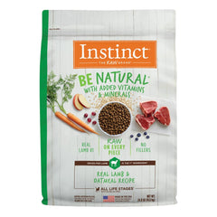 Instinct Be Natural lamb and oatmeal kibble bag showing real meat as the first ingredient.