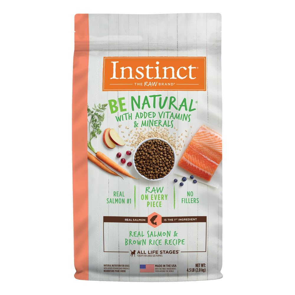 Instinct Be Natural salmon brown rice dog food bag highlights high-protein, grain-inclusive nutrition