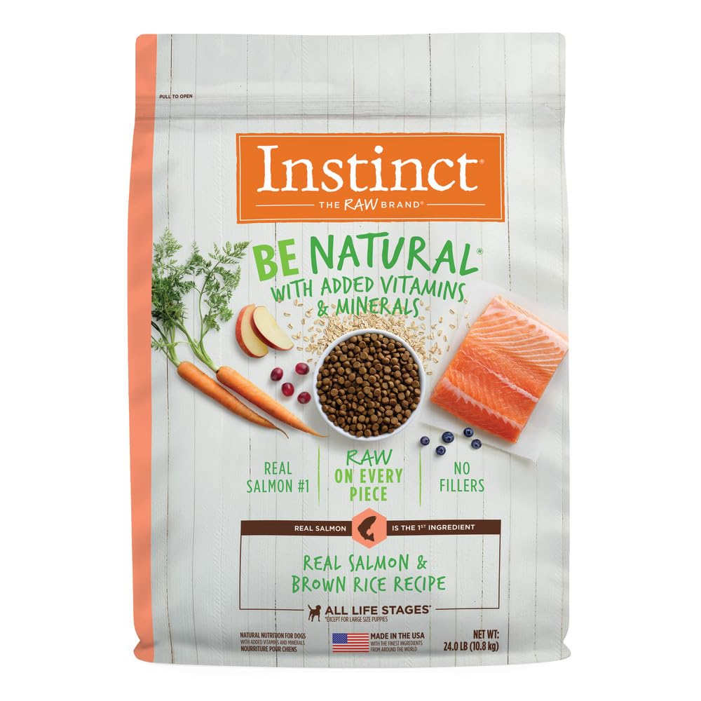 Instinct Be Natural salmon-kibble close-up showing real salmon as the first ingredient for protein.