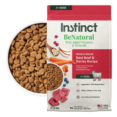 Instinct BeNatural beef and barley bag highlights USA-raised beef as the first ingredient.