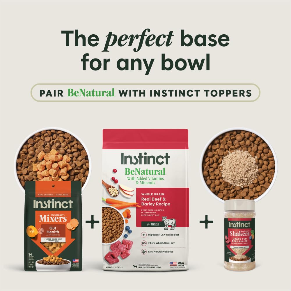 Instinct BeNatural whole grains and vegetables mix signals balanced nutrition.