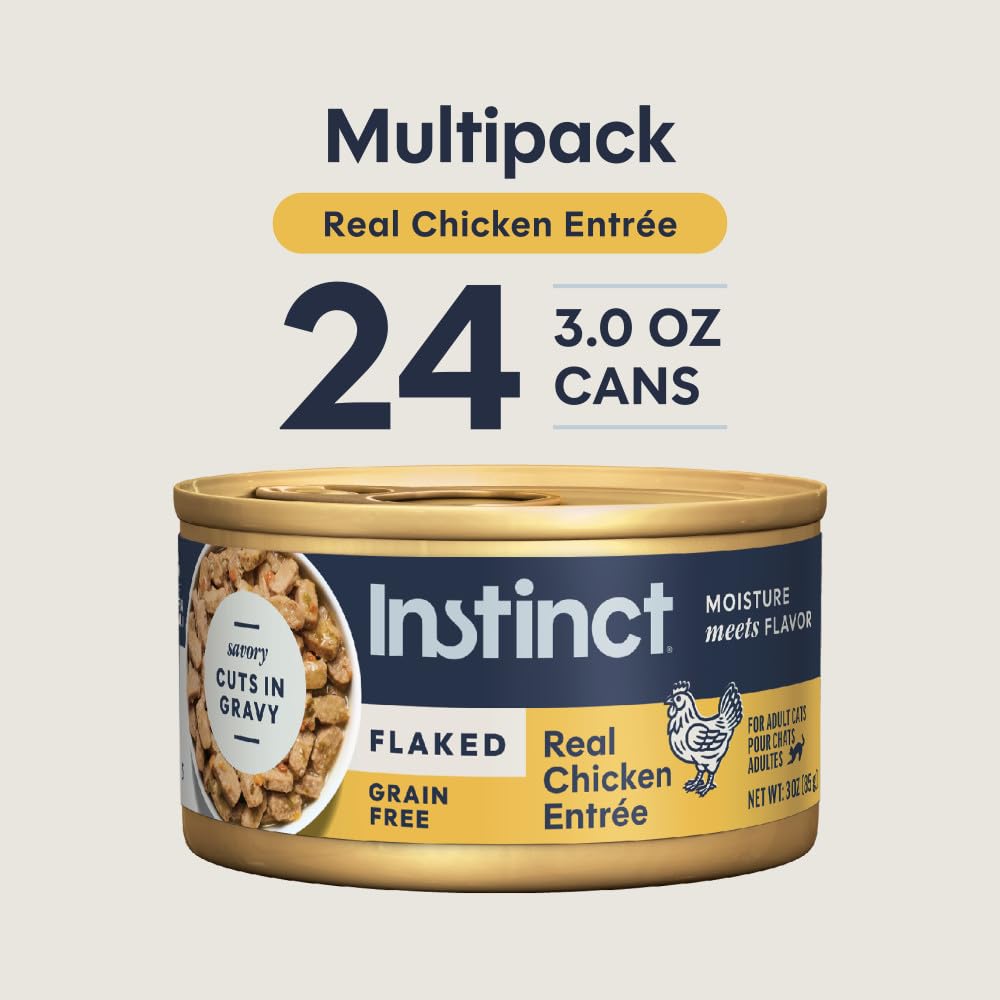 Instinct Flaked Entrée Chicken 24-can pack showcases value and consistent nutrition.
