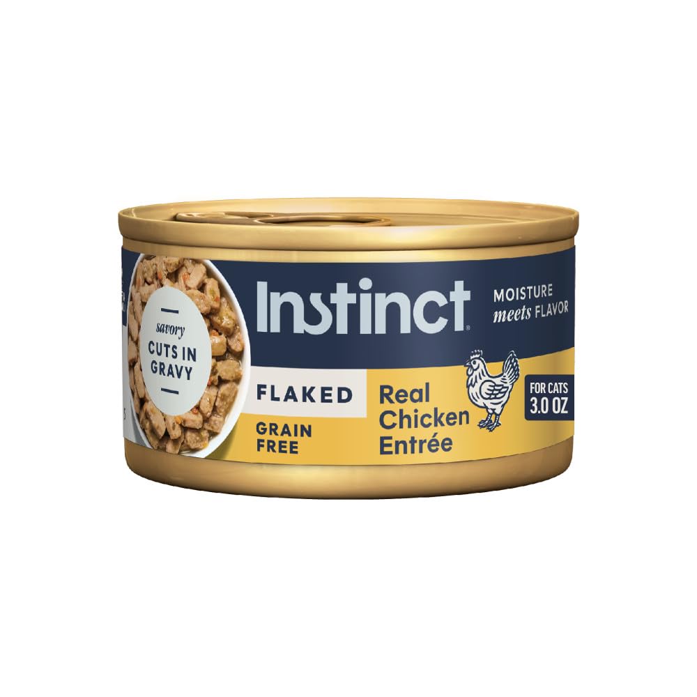 Instinct Flaked Entrée Chicken canned cat food highlights real chicken for protein and hydration.