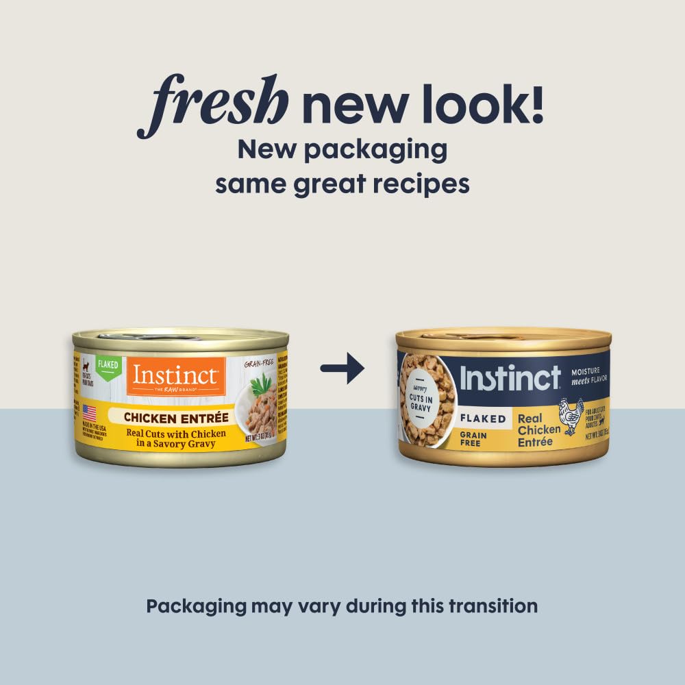 Instinct Flaked Entrée Chicken gravy closeup emphasizes savory texture your cat may enjoy.