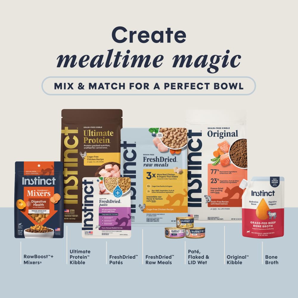 Instinct Flaked Entrée Chicken label detail shows ingredients and grain-free promise.