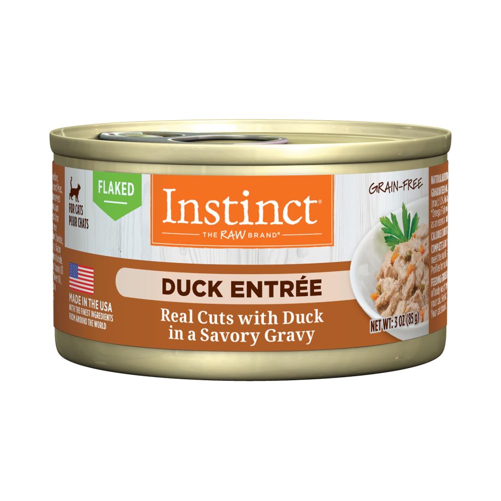 Instinct Flaked Entrée Duck cat food front view highlights real duck first ingredient for high protein meals