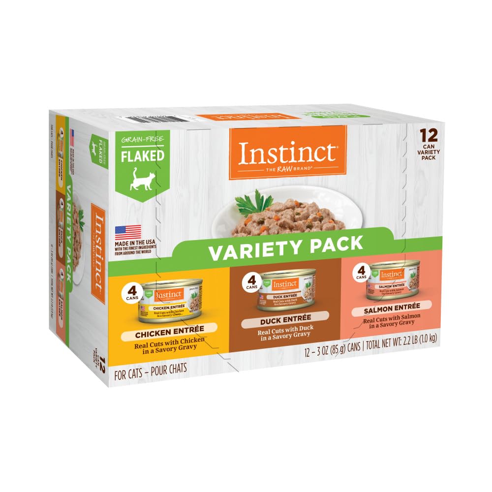 Instinct Flaked Entrée variety pack cans showcase high-protein nutrition for adult cats.