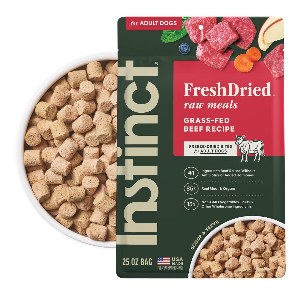 Instinct freeze-dried meals bag front showcases grain-free beef recipe ideal for daily feeding.