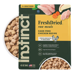 Instinct freeze-dried meals chicken bag shows shelf-stable, balanced feeding option for dogs.