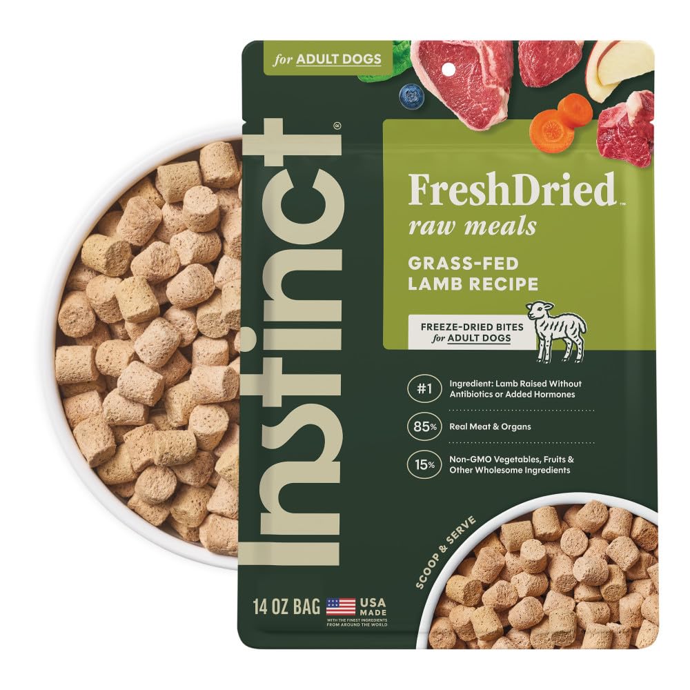Instinct Freeze-Dried Meals lamb bag shows grain-free nutrition for lean muscles.