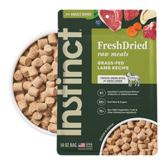Instinct Freeze-Dried Meals lamb bag shows grain-free nutrition for lean muscles.