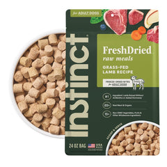 Instinct freeze-dried meals lamb bag, convenient shelf-stable dog food for on the go feeding.